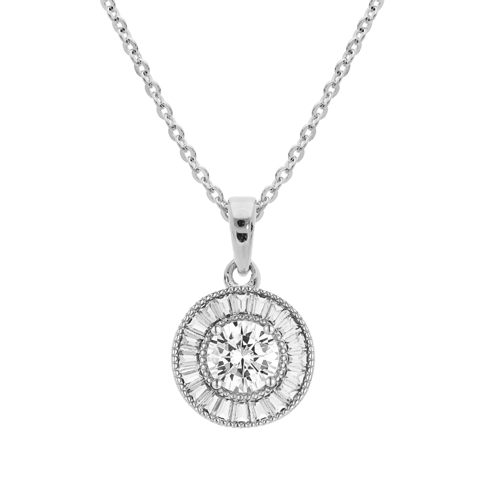 Collier en argent rhodi� cha�ne avec pendentif rond oxydes blancs sertis 40+5cm - Vue 1