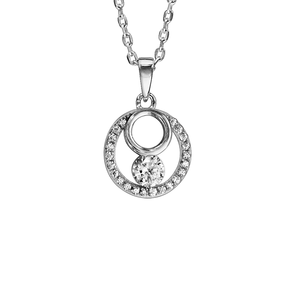 Collier en argent rhodi� cha�ne avec pendentif rond oxydes blancs sertis et 1 oxyde blanc serti clos 42cm + 3cm - Vue 1