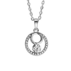 Collier en argent rhodi chane avec pendentif rond oxydes blancs sertis et 1 oxyde blanc serti clos 42cm + 3cm - Vue 1