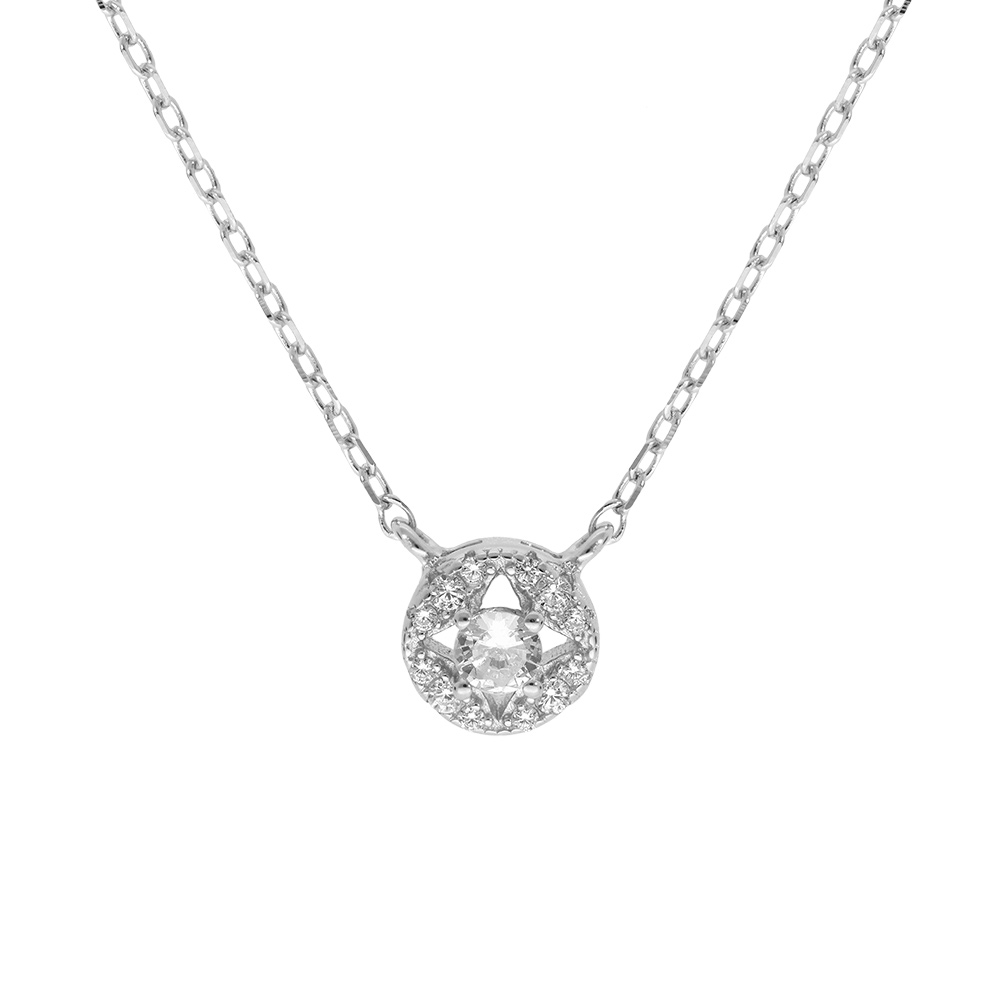 Collier en argent rhodi� cha�ne avec pendentif rond pav� d\'oxydes blancs sertis 40+5cm - Vue 1
