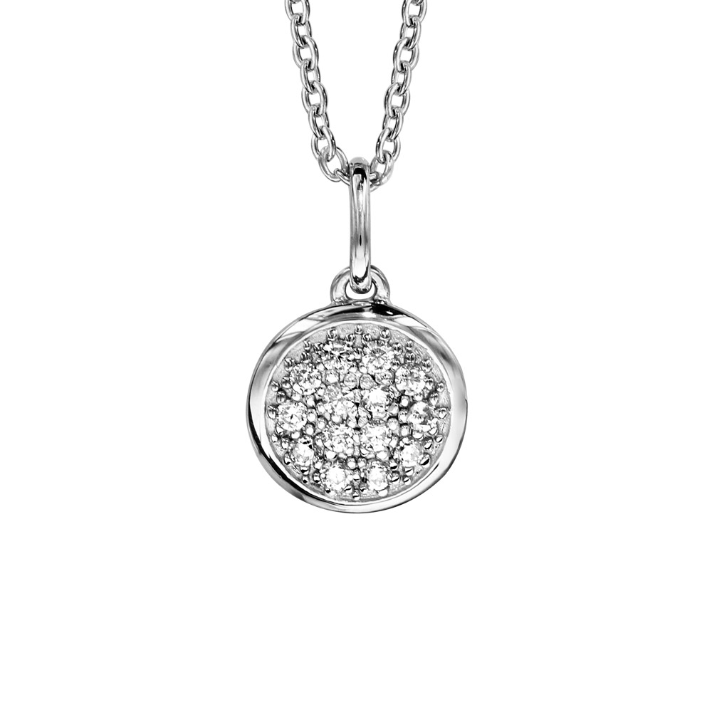 Collier en argent rhodi� cha�ne avec pendentif rond pav� d\'oxydes blancs sertis - longueur 42cm + 3cm de rallonge - Vue 1