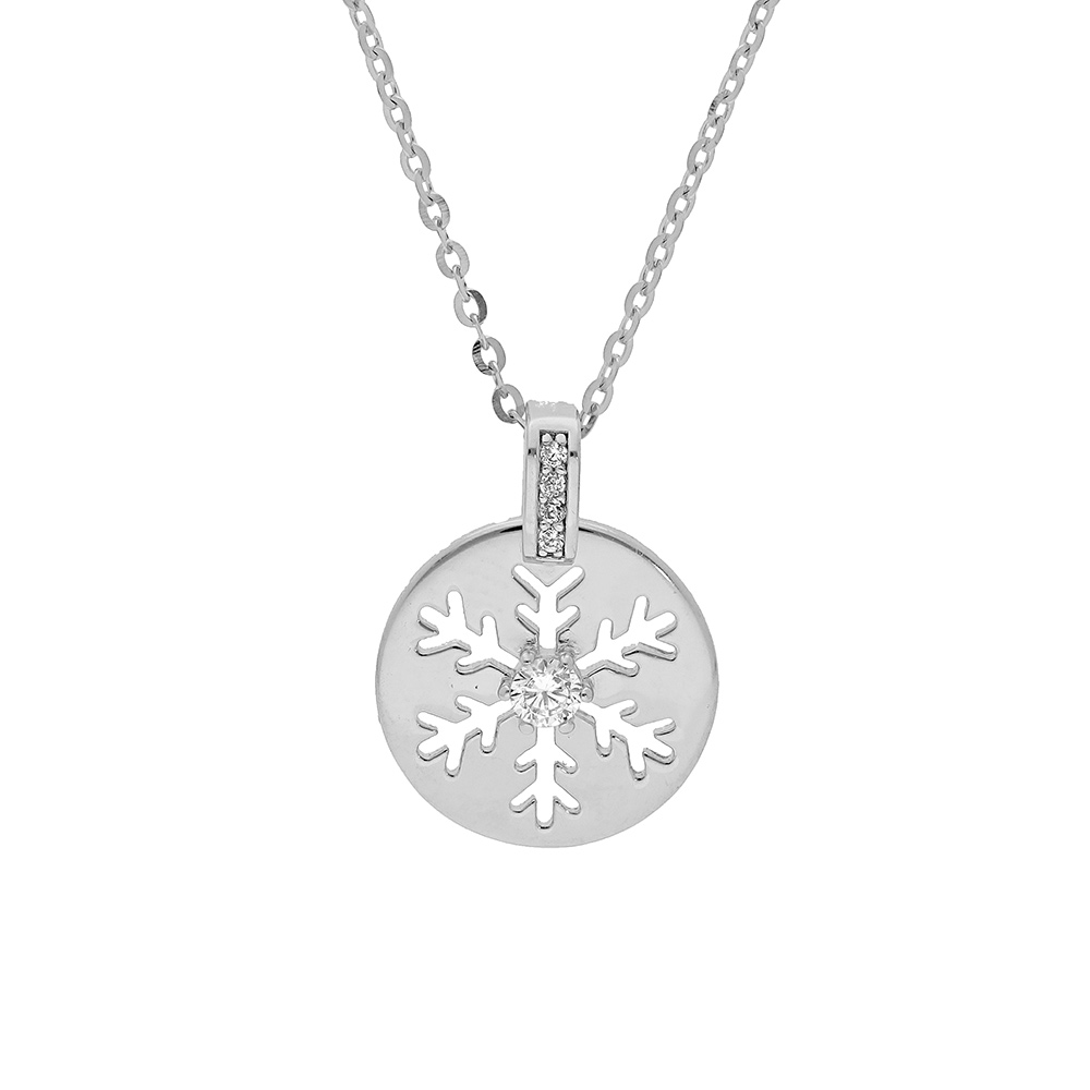 Collier en argent rhodi� cha�ne avec pendentif rondelle motif flocon de neige ajour� 39+4cm - Vue 1