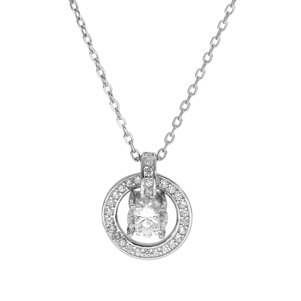 Collier en argent rhodi� cha�ne avec pendentif rondelle pav�e d\'oxydes blancs sertis et 1 oxyde blanc serti 40+5cm - Vue 1
