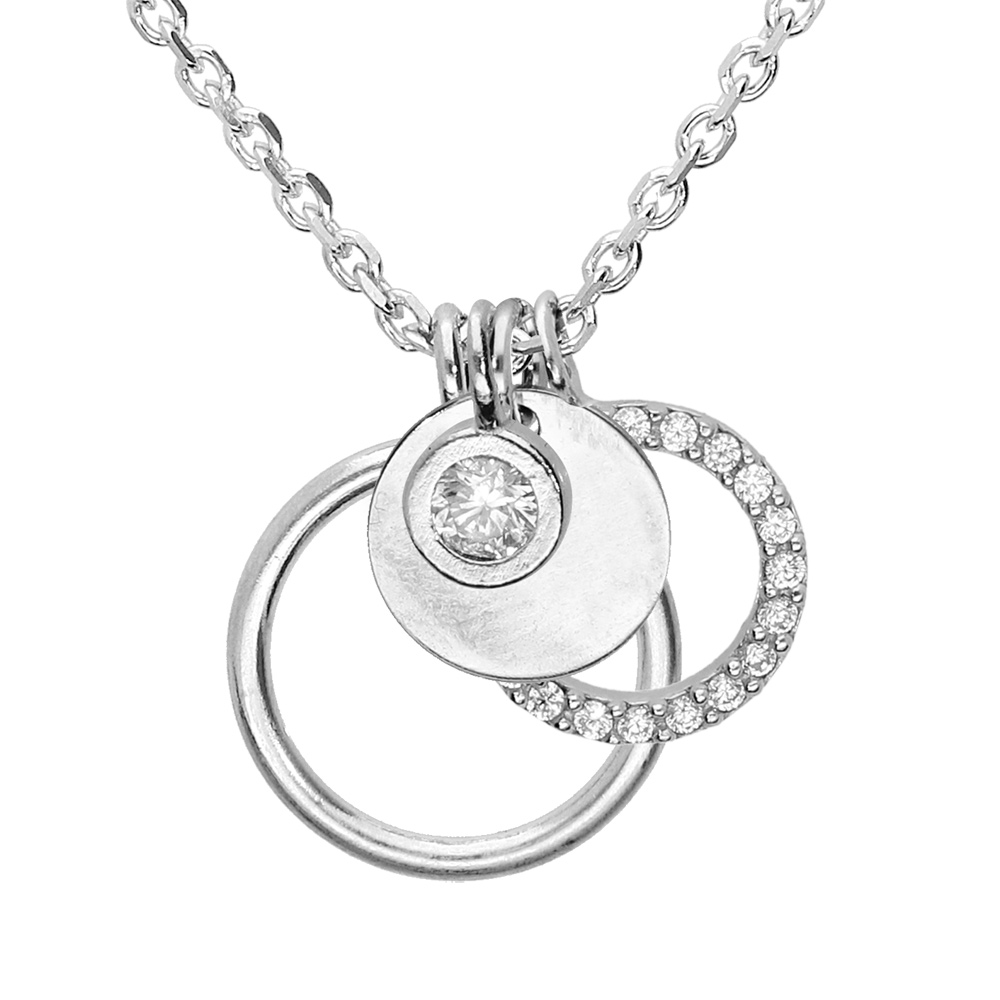 Collier en argent rhodi� cha�ne avec pendentif 3 rondelles et oxyde blanc sertis 38+5cm - Vue 1