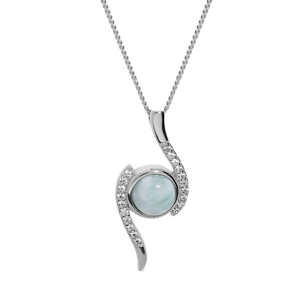 Collier en argent rhodi� cha�ne avec pendentif ruban d\'oxydes blanc et Larimar bleu v�ritable 42+3cm - Vue 1