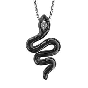 Collier en argent rhodié chaîne avec pendentif serpent en céramique noire avec oxydes blancs sertis sur le dessus - longueur 42cm + 3cm de rallonge - Vue 1