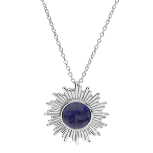Collier en argent rhodi chane avec pendentif soleil stylis et Lapis Lazuli vritable 42+3cm - Vue 1