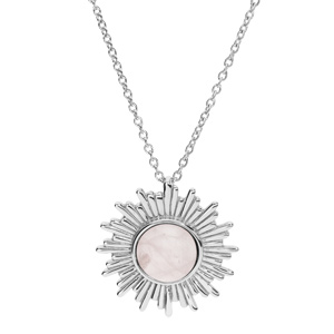 Collier en argent rhodi chane avec pendentif soleil stylis et Quartz rose vritable 42+3cm - Vue 1