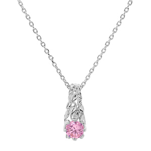 Collier en argent rhodi chane avec pendentif solitaire 5mm oxyde rose et feuillage 42+3cm - Vue 1