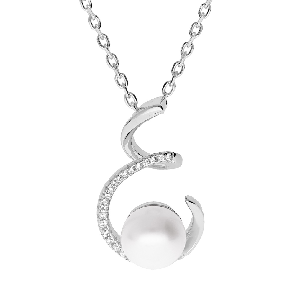 Collier en argent rhodi� cha�ne avec pendentif spirale et Perle de culture d\'eau douce blanche 9mm et oxydes blancs sertis 42+3cm - Vue 1