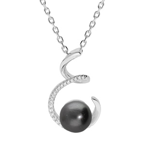 Collier en argent rhodi chane avec pendentif spirale et Perle de Tahiti vritable 7mm et oxydes blancs sertis 42+3cm - Vue 1