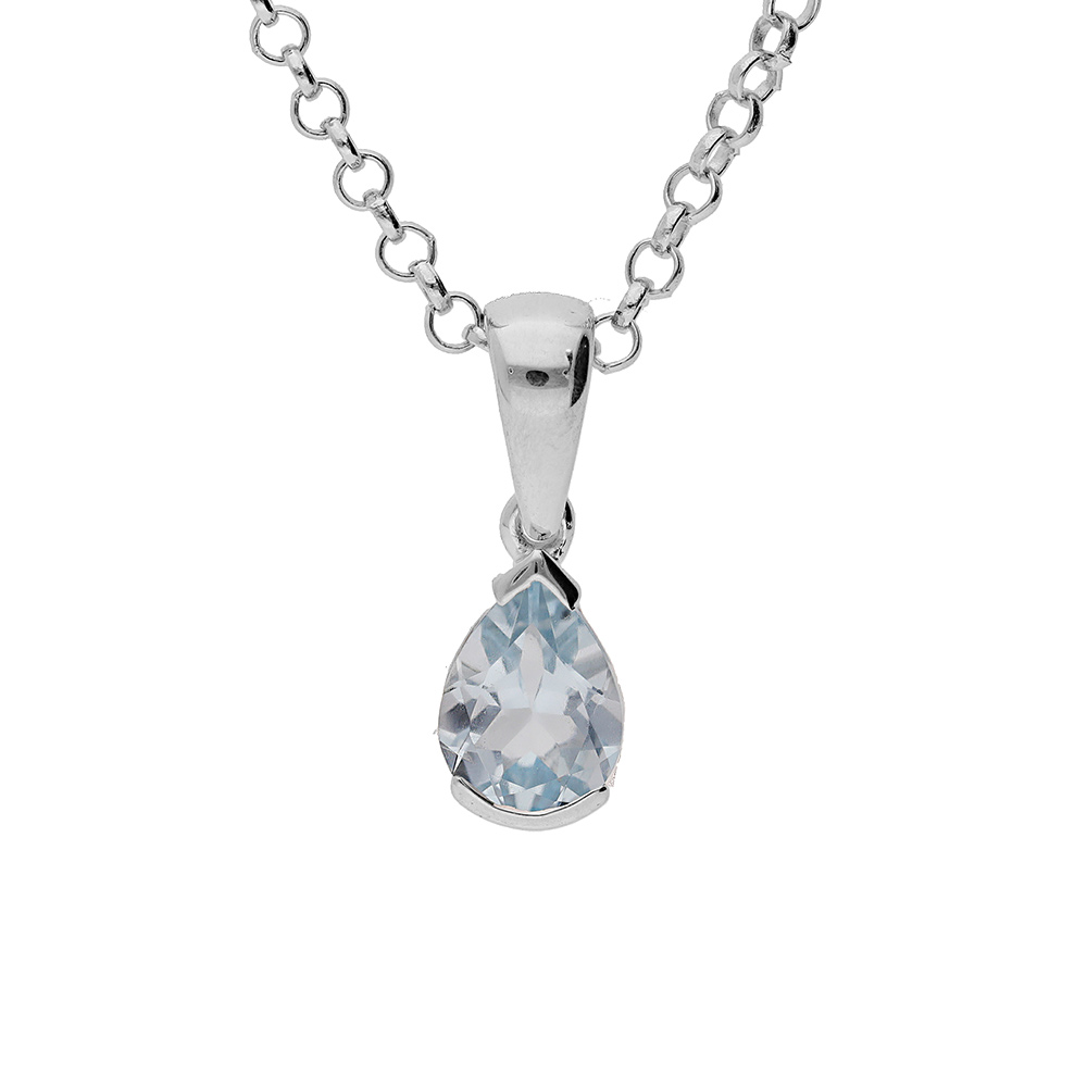 Collier en argent rhodi� cha�ne avec pendentif Topaze bleu v�ritable en forme de poire 8x6mm longueur 40+5cm - Vue 1