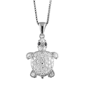 Collier en argent rhodi chane avec pendentif tortue orne d\'oxydes blancs et yeux noirs - longueur 42cm + 3cm de rallonge - Vue 1