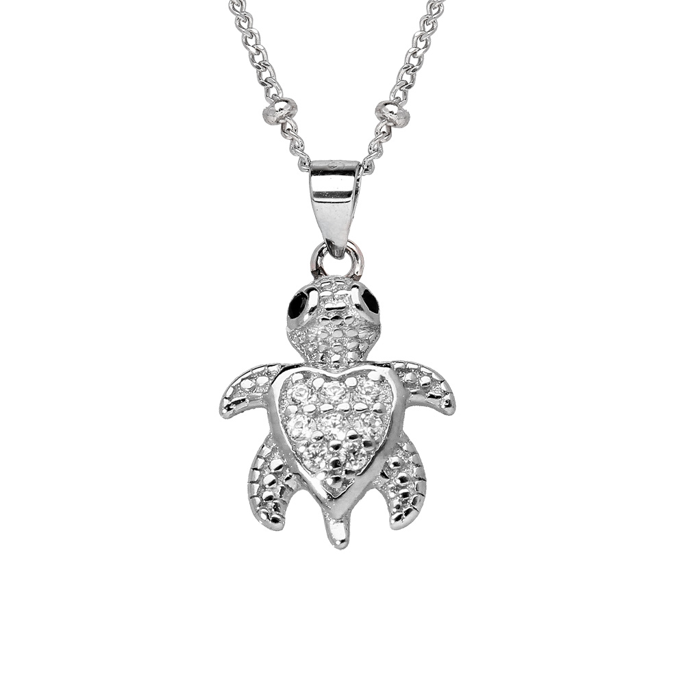 Collier en argent rhodi� cha�ne avec pendentif tortue pav�e d\'oxydes blancs sertis 36+4cm - Vue 1