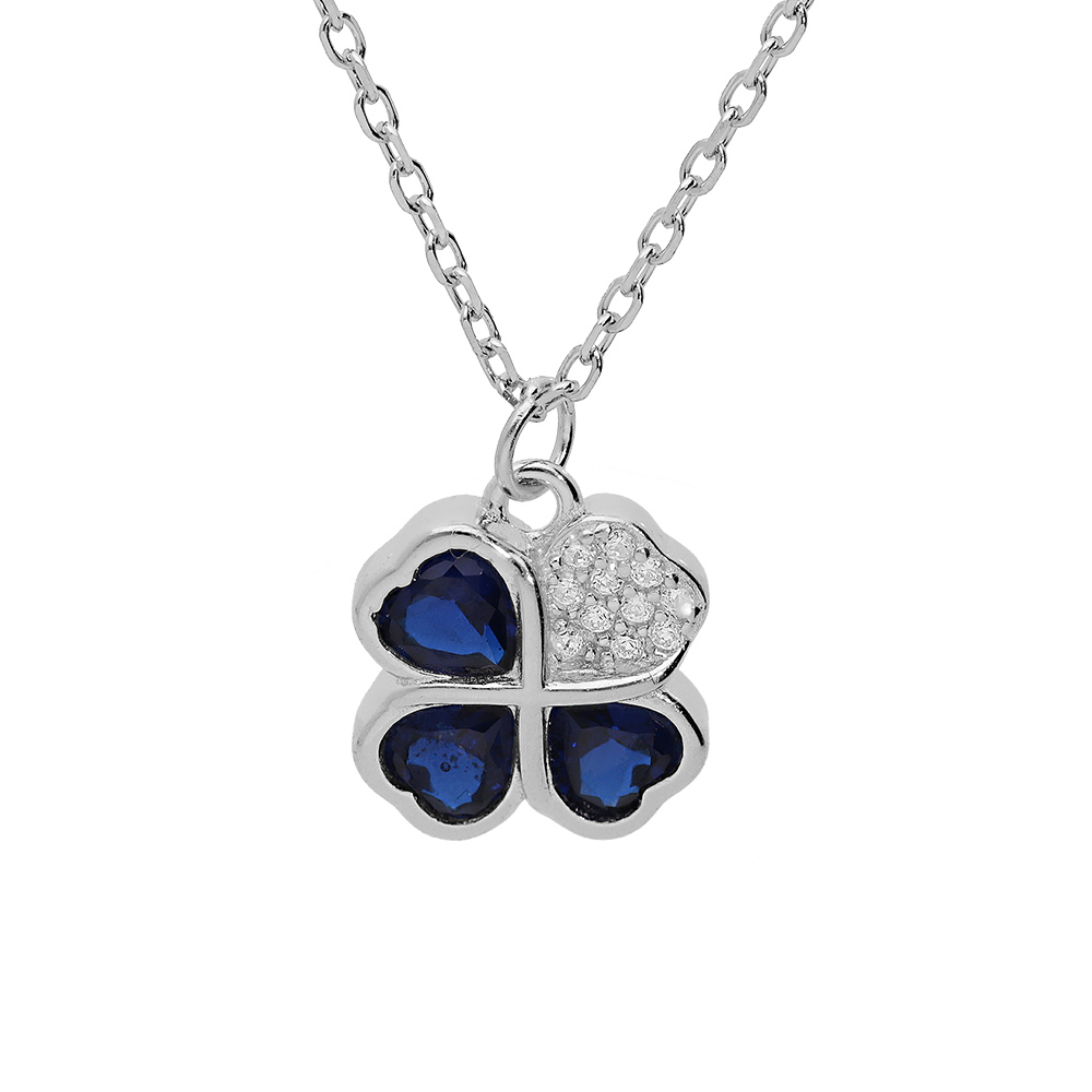Collier en argent rhodi� cha�ne avec pendentif tr�fle d\'oxydes bleus et coeur 39+2+2cm - Vue 1