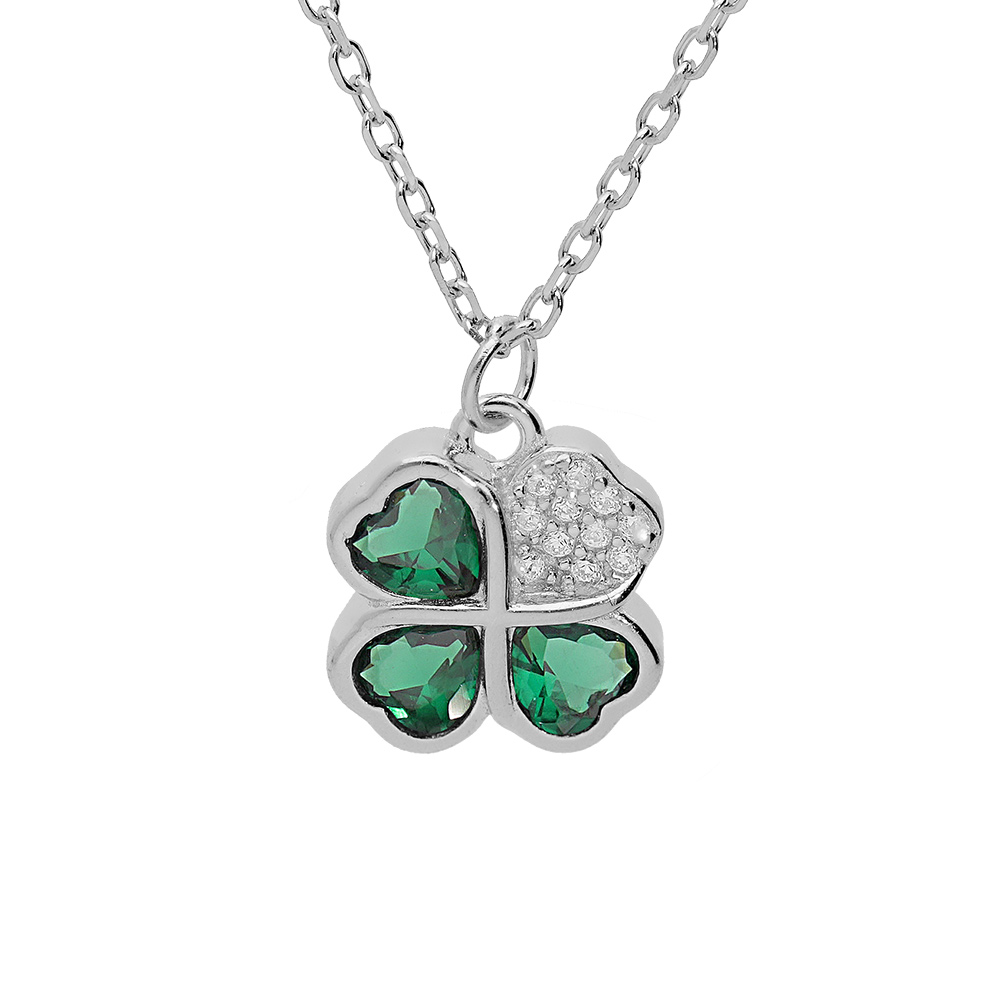 Collier en argent rhodi� cha�ne avec pendentif tr�fle d\'oxydes verts et coeur 39+2+2cm - Vue 1