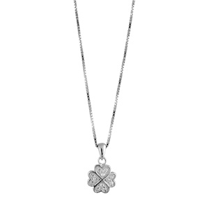 Collier en argent rhodi chane avec pendentif trfle  4 feuilles orn d\'oxydes blanches - longueur 42cm + 3cm de rallonge - Vue 1