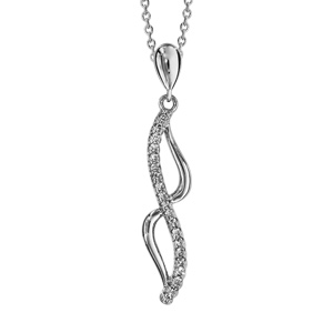 Collier en argent rhodi chane avec pendentif 2 vagues relies aux bouts, 1 en rail d\'oxydes blancs sertis et l\'autre lisse - longueur 40cm + 4cm de rallonge - Vue 1