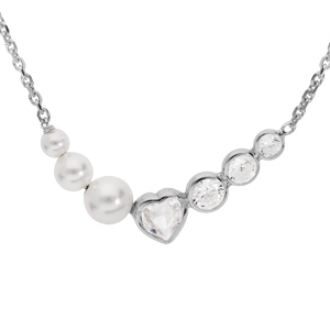 Collier en argent rhodi chane avec perles blanches de synthse et coeur oxydes blancs sertis 43+3cm - Vue 1