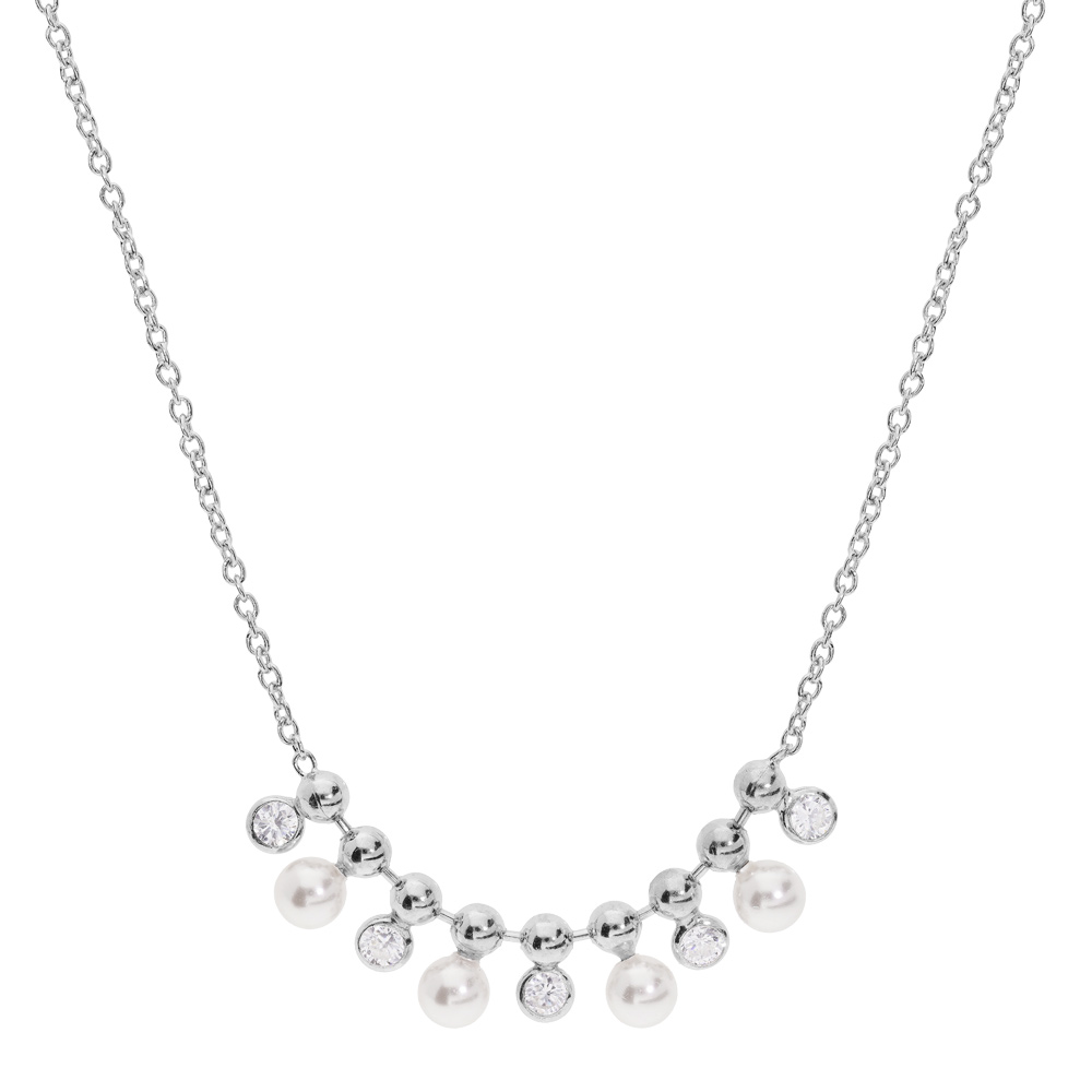 Collier en argent rhodi chane avec perles blanches de synthse et oxydes blancs sertis 43+3cm - Vue 1