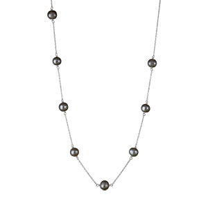 Collier en argent rhodié chaine avec 8 perles de cultures noires à intervalles réguliers - longueur 40cm + 5cm de rallonge - Vue 1