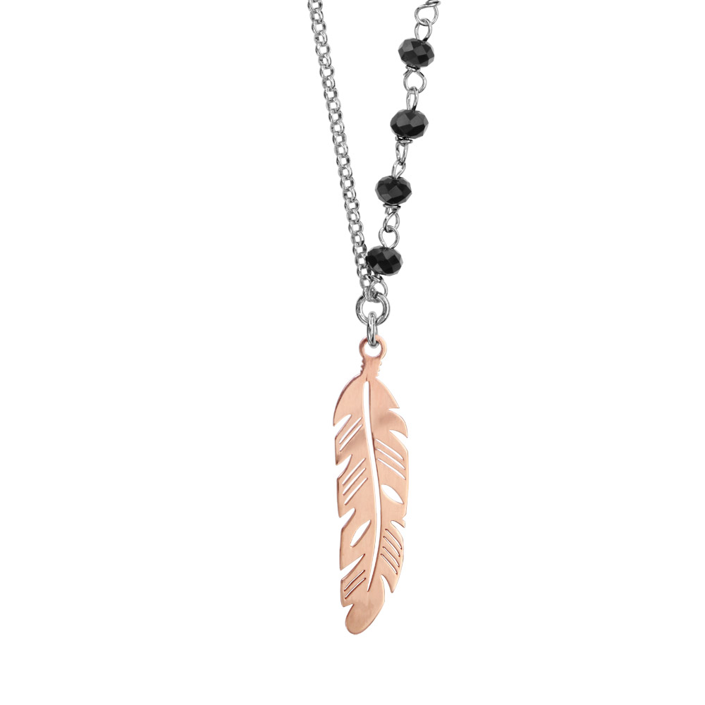 Collier en argent rhodi� cha�ne avec perles noires et 1 plume dorure rose 62+3cm - Vue 1