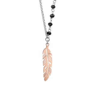 Collier en argent rhodi chane avec perles noires et 1 plume dorure rose 62+3cm - Vue 1