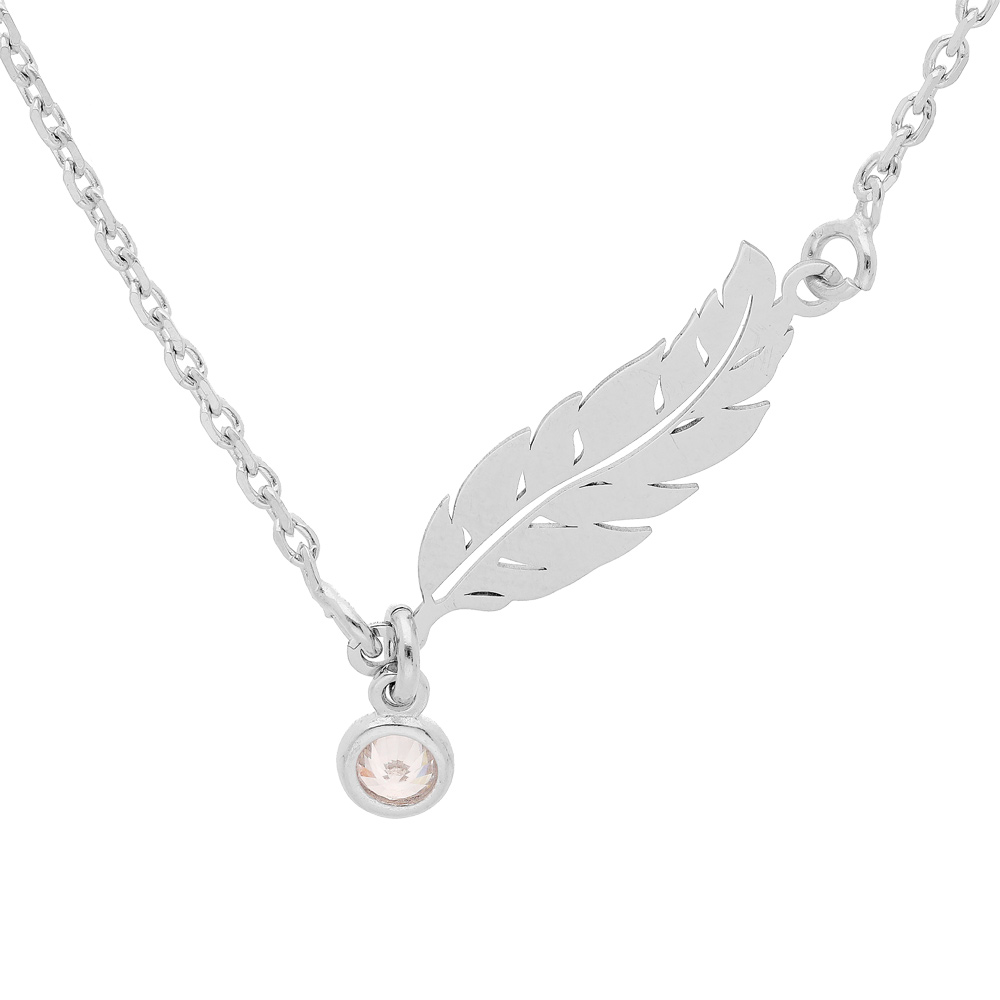 Collier en argent rhodi� cha�ne avec plume et oxyde blanc serti clos 39,5+5cm - Vue 1