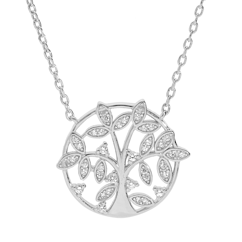 Collier en argent rhodi� cha�ne avec rond motif arbre de vie oxydes blancs sertis 39+2,5cm - Vue 1