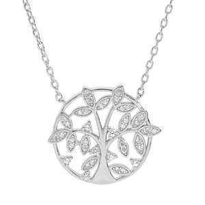 Collier en argent rhodi chane avec rond motif arbre de vie oxydes blancs sertis 39+2,5cm - Vue 1