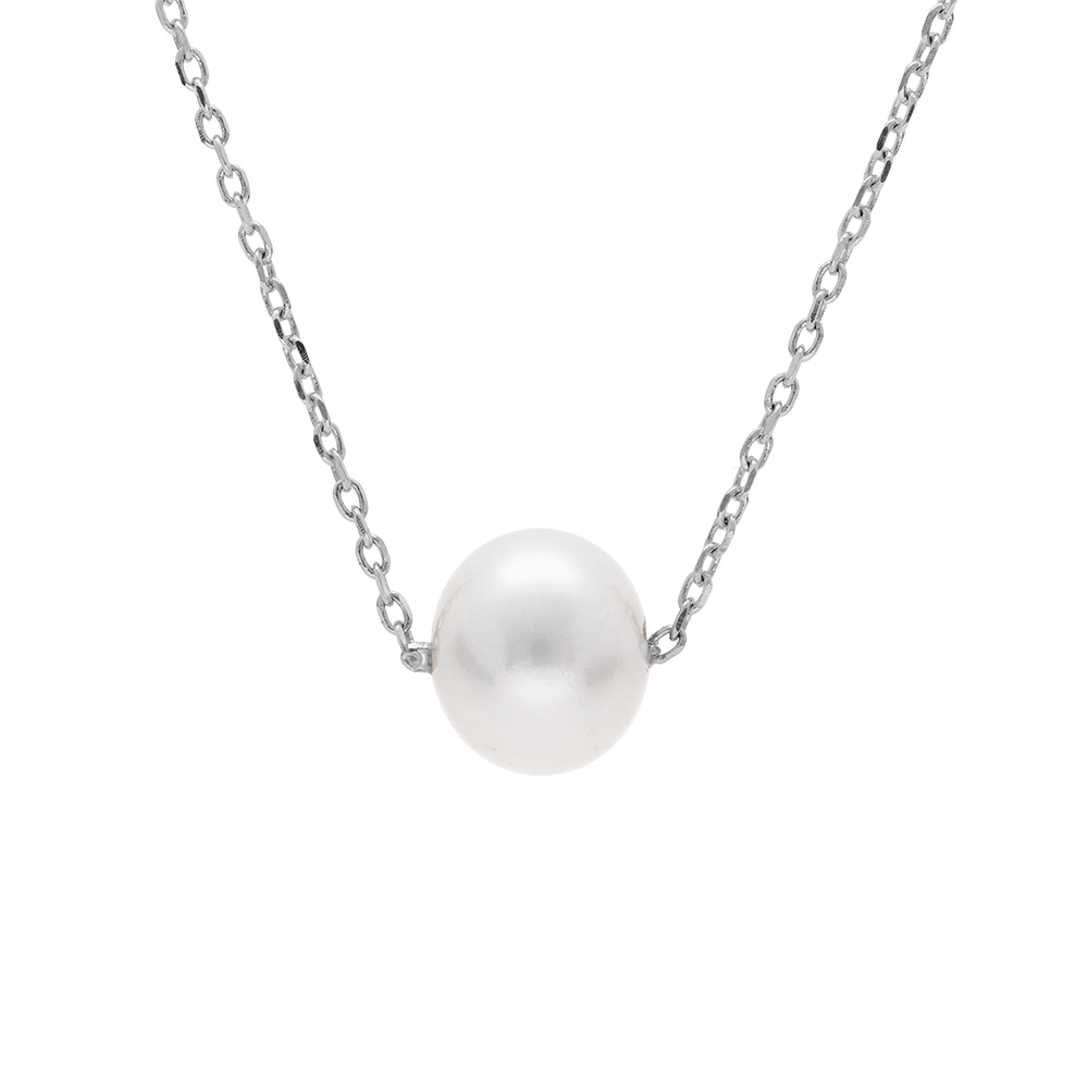 Collier en argent rhodi� cha�ne boule avec pendentif perle de culture d\'eau douce blanche longueur 41+5cm - Vue 1