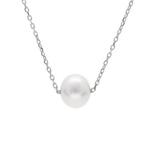 Collier en argent rhodi chane boule avec pendentif perle de culture d\'eau douce blanche longueur 41+5cm - Vue 1