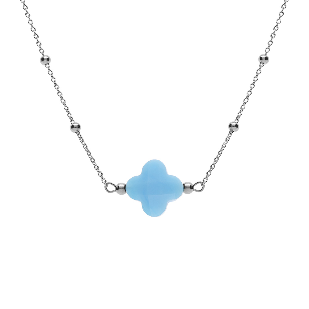 Collier en argent rhodi� cha�ne boules et tr�fle en verre facet� bleu ciel 38+5cm - Vue 1