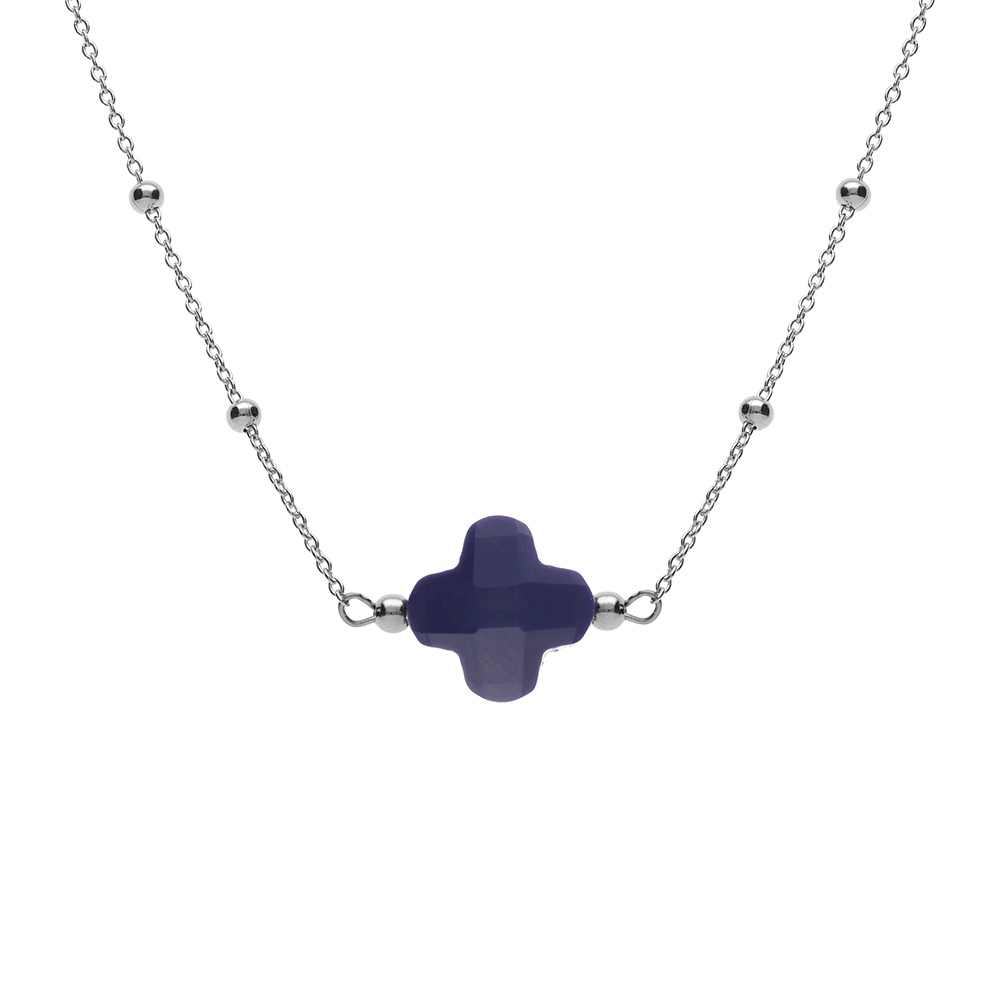 Collier en argent rhodi� cha�ne boules et tr�fle en verre facet� bleu marine 38+5cm - Vue 1
