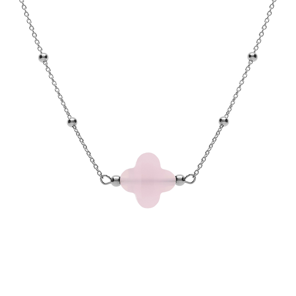 Collier en argent rhodi� cha�ne boules et tr�fle en verre facet� rose 38+5cm - Vue 1
