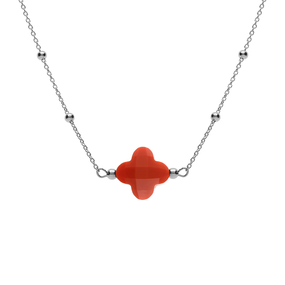 Collier en argent rhodi� cha�ne boules et tr�fle en verre facet� rouge 38+5cm - Vue 1
