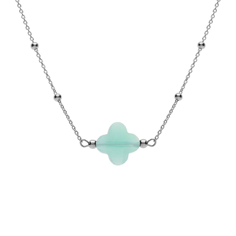 Collier en argent rhodi� cha�ne boules et tr�fle en verre facet� vert clair 38+5cm - Vue 1