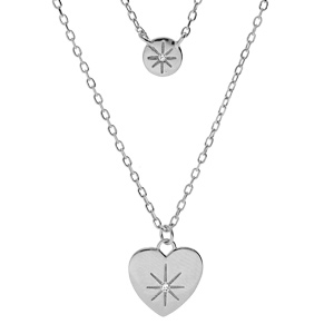 Collier en argent rhodi chane double avec pendentif pastille toile et coeur motif toile du berger 40+5cm - Vue 1