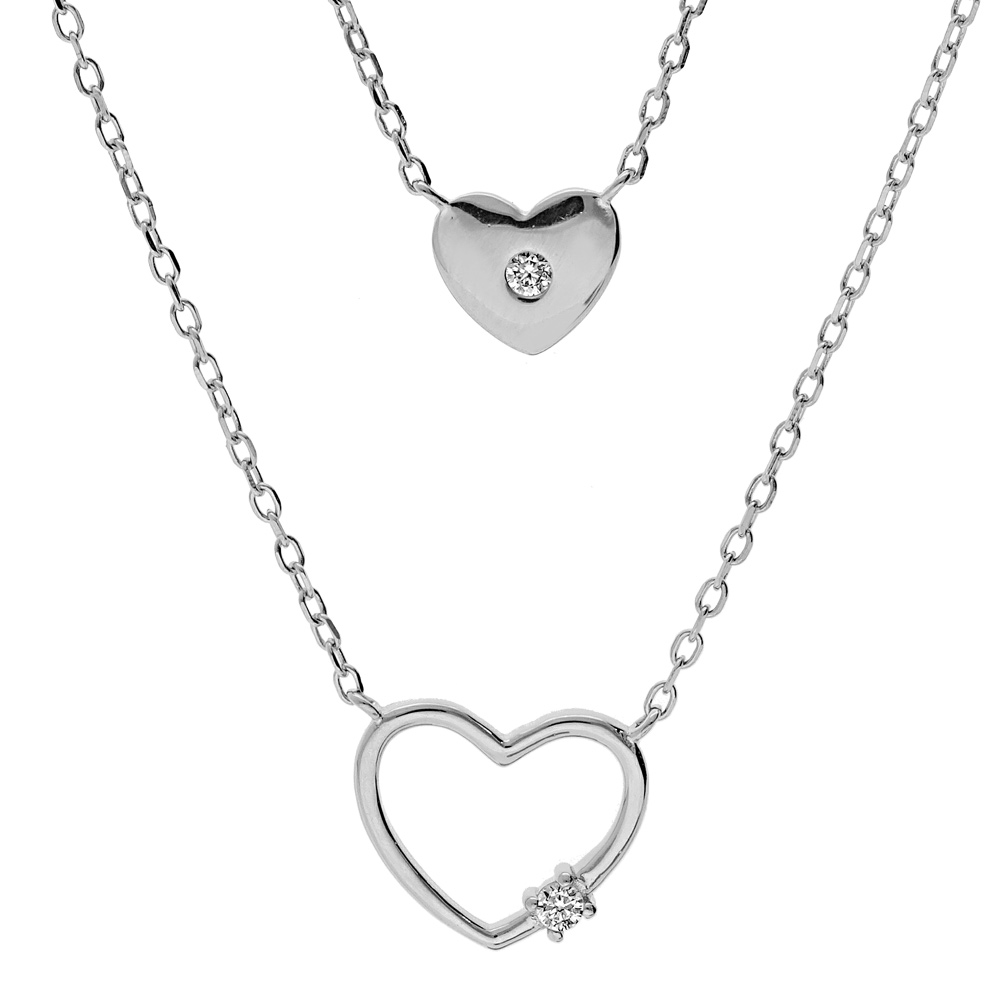 Collier en argent rhodi� cha�ne double avec pendentifs coeur 40+5cm - Vue 1