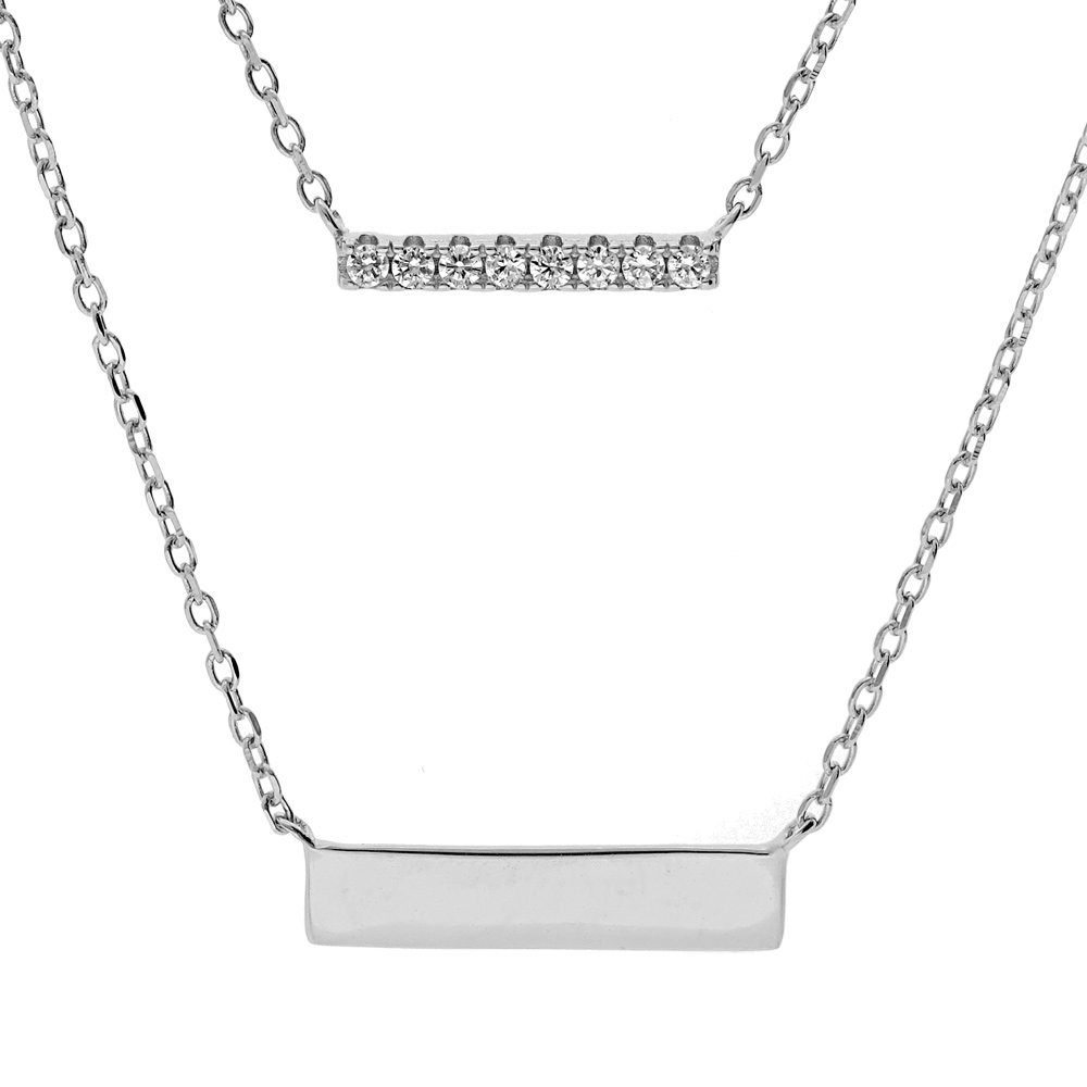 Collier en argent rhodi� cha�ne double avec pendentifs rectangulaire 1 avec oxydes blancs sertis et 1 lisse 40+5cm - Vue 1