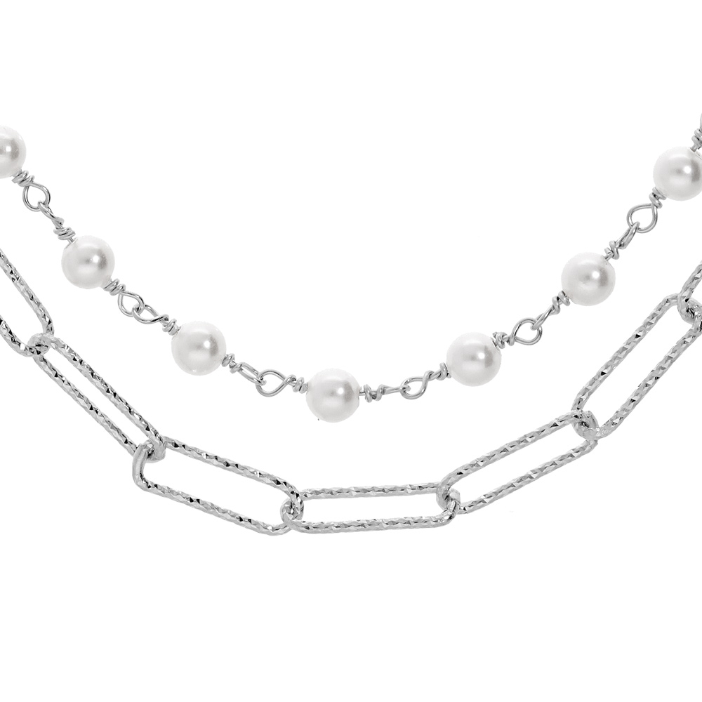 Collier en argent rhodi� cha�ne double maille rectangulaire et perles blanches de synth�se 40+5cm - Vue 1