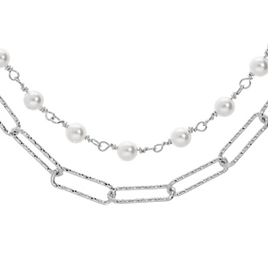 Collier en argent rhodi chane double maille rectangulaire et perles blanches de synthse 40+5cm - Vue 1