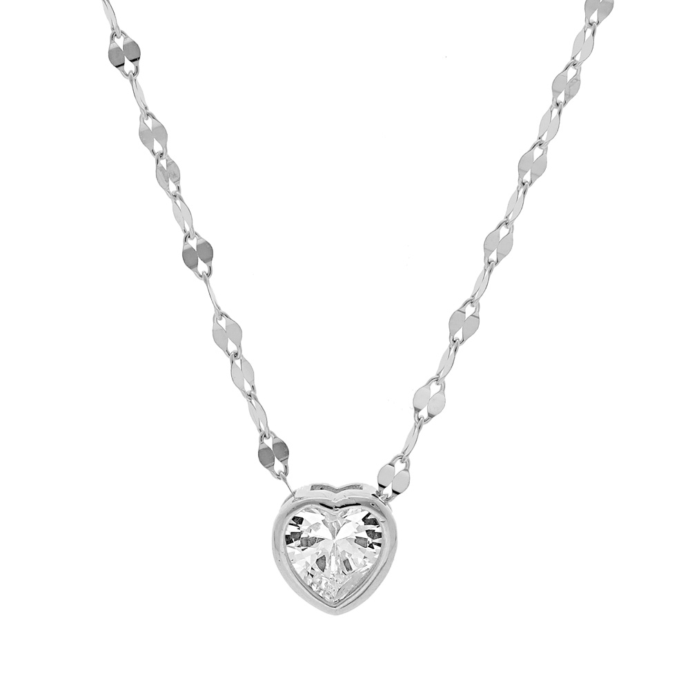 Collier en argent rhodi� cha�ne fantaisie avec pendentif coeur oxyde blanc serti 40+5cm - Vue 1