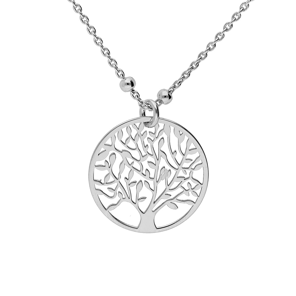 Collier en argent rhodi� cha�ne fines boules avec pendentif arbre de vie 40+5cm - Vue 1