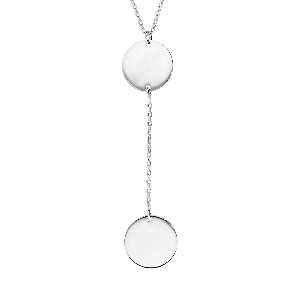 Collier en argent rhodi� cha�ne forme Y avec 2 m�dailles pr�nom � graver rondes 42+3cm - Vue 1