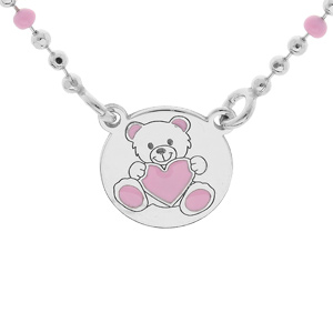 Collier en argent rhodi chane maille boule mdaillon motif ourson rose 36+3cm - Vue 1