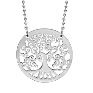 Collier en argent rhodi chane maille boules avec pendentif cercle avec arbre de vie  l\'intrieur - longueur 42cm + 3cm de rallonge - Vue 1