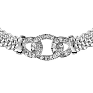 Collier en argent rhodi chane maille milanaise avec pendentif 3 maillons orns d\'oxydes blancs sertis - longueur 40cm + 5cm de rallonge - Vue 1