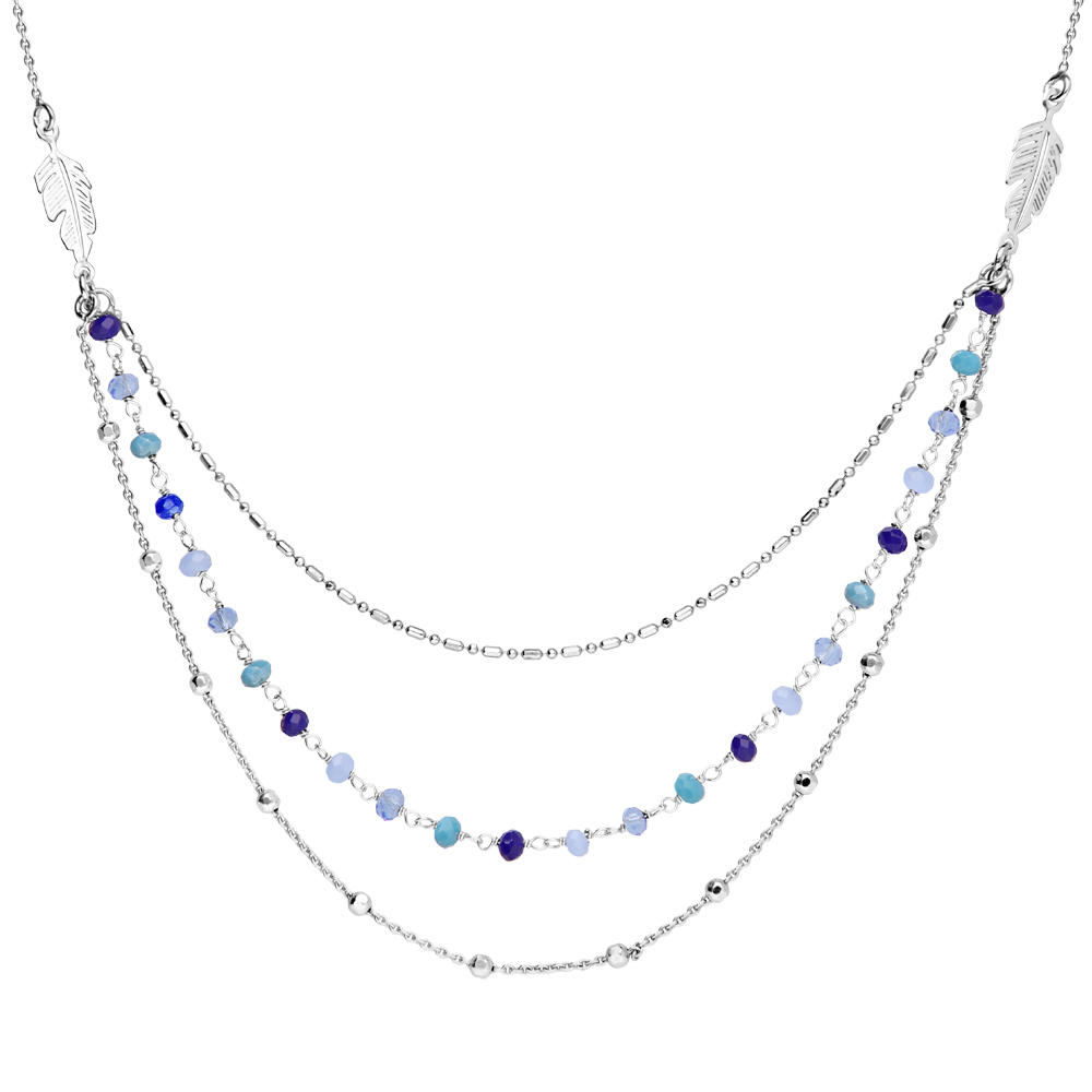 Collier en argent rhodi� cha�ne 3 rangs et pierres tons bleus 42+3cm - Vue 1