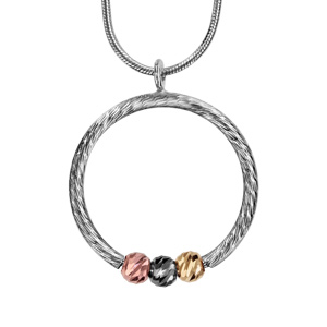 Collier en argent rhodié chaîne tube avec pendentif anneau agrémenté de 3 boules ciselées, 1 en PVD rose, 1 rhodiée noire et l\'autre en PVD jaune - longueur 42cm + 3cm de rallonge - Vue 1